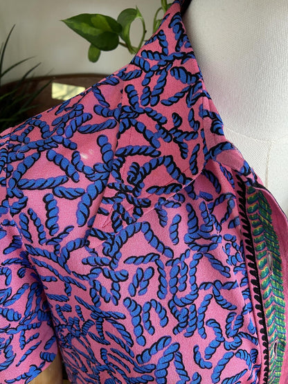 Vintage 1970s Pink Blue Print Top