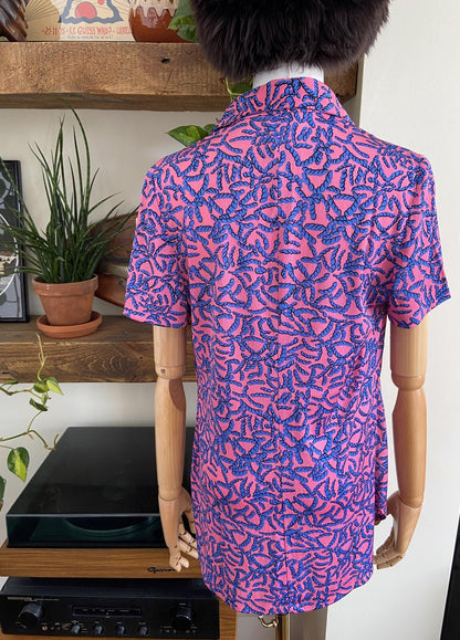 Vintage 1970s Pink Blue Print Top