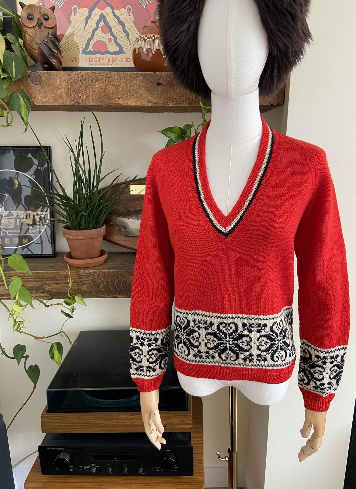 Vintage 1970s Red Nordic Patterned Jumper
