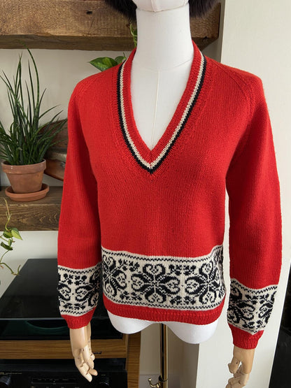 Vintage 1970s Red Nordic Patterned Jumper