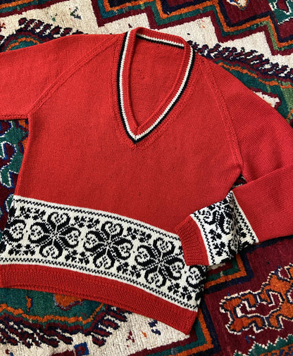 Vintage 1970s Red Nordic Patterned Jumper