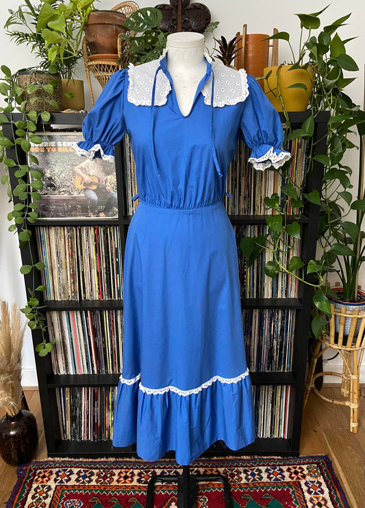 Vintage 1970s Blue White Prairie Dress