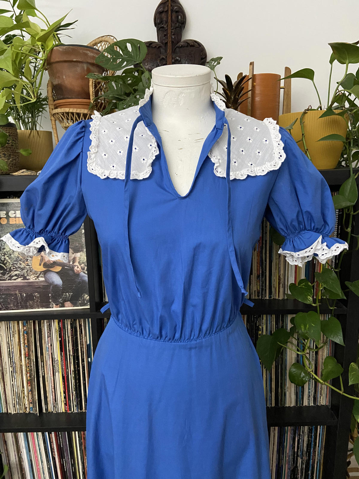 Vintage 1970s Blue White Prairie Dress
