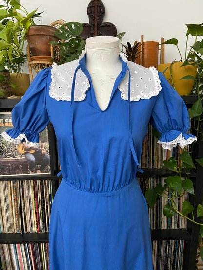 Vintage 1970s Blue White Prairie Dress