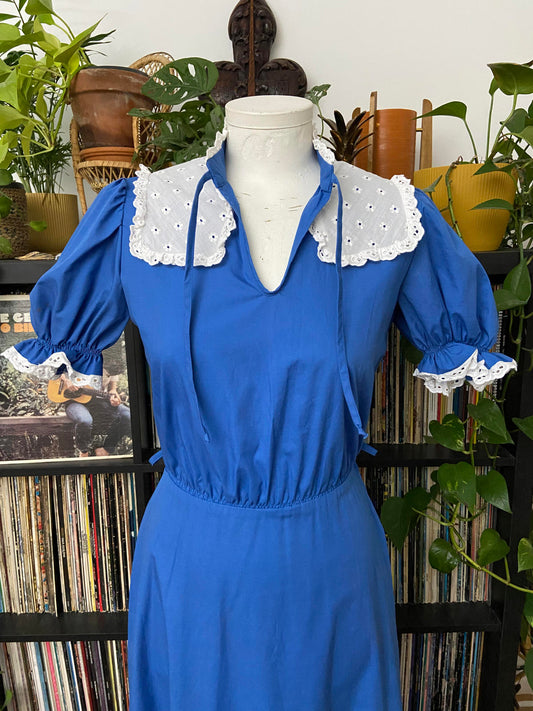 Vintage 1970s Blue White Prairie Dress