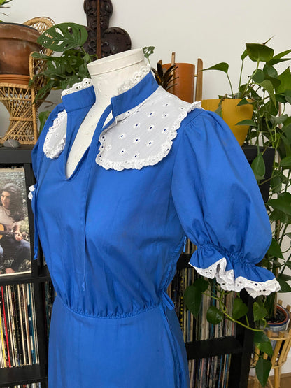 Vintage 1970s Blue White Prairie Dress