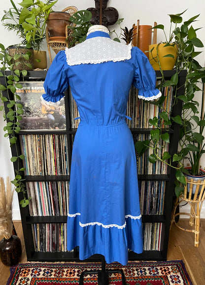 Vintage 1970s Blue White Prairie Dress