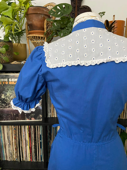 Vintage 1970s Blue White Prairie Dress