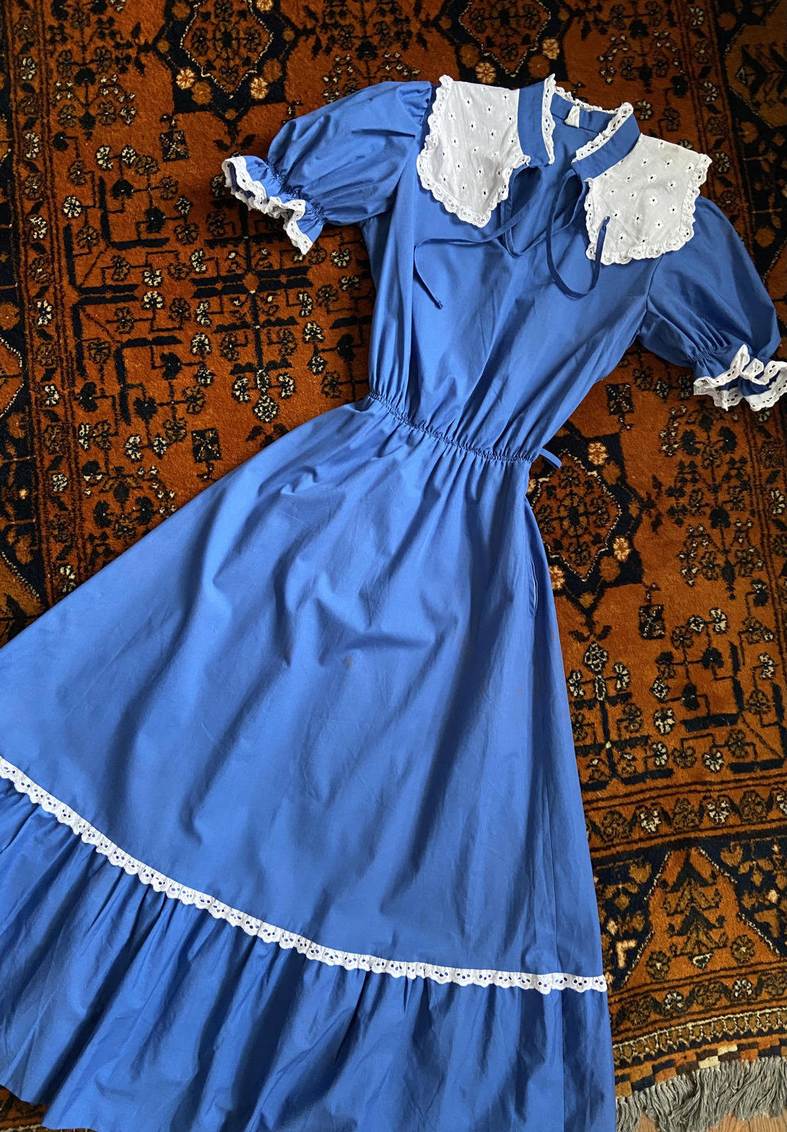 Vintage 1970s Blue White Prairie Dress