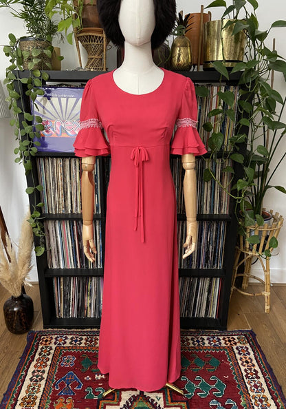 Vintage 1970s Pink Flutter Sleeve Maxi Dress