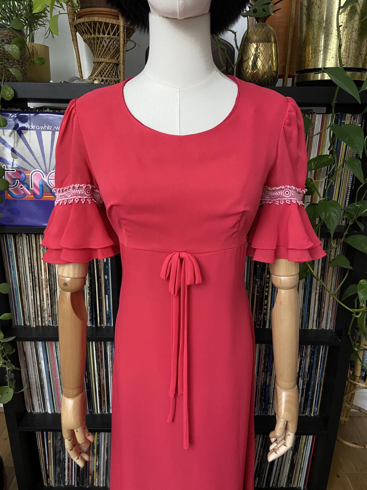 Vintage 1970s Pink Flutter Sleeve Maxi Dress