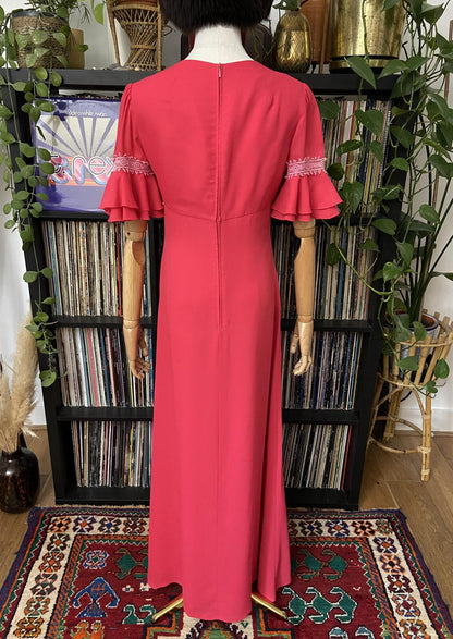 Vintage 1970s Pink Flutter Sleeve Maxi Dress