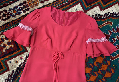 Vintage 1970s Pink Flutter Sleeve Maxi Dress