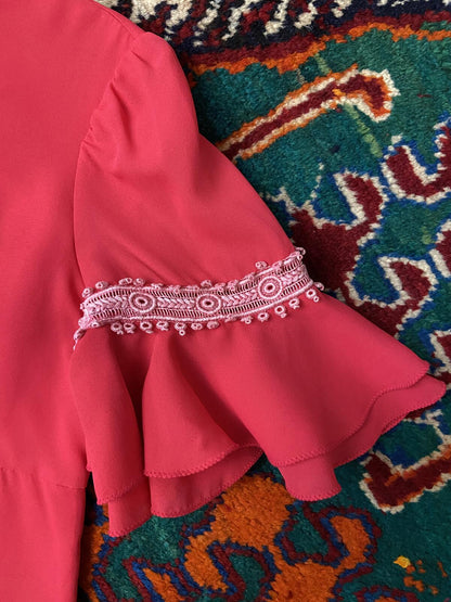 Vintage 1970s Pink Flutter Sleeve Maxi Dress
