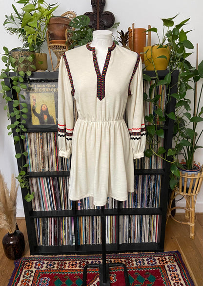 Vintage 1970s Cream Folk Mini Dress