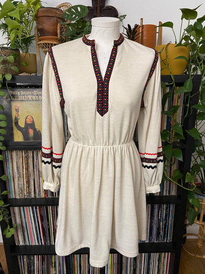 Vintage 1970s Cream Folk Mini Dress