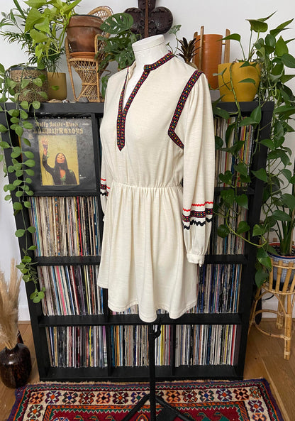 Vintage 1970s Cream Folk Mini Dress