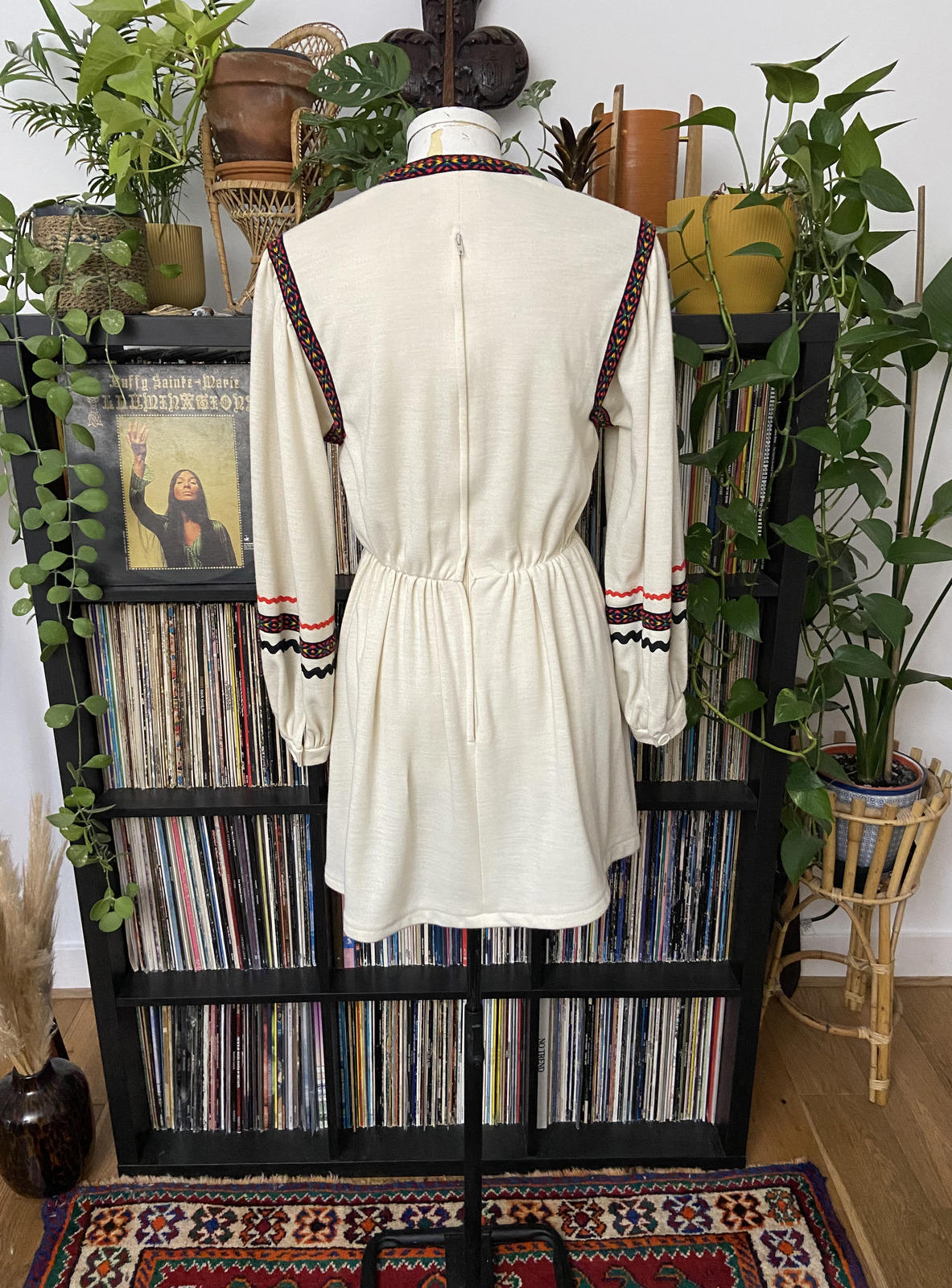 Vintage 1970s Cream Folk Mini Dress