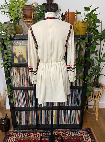 Vintage 1970s Cream Folk Mini Dress