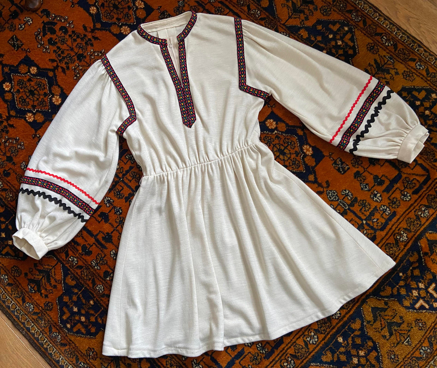Vintage 1970s Cream Folk Mini Dress