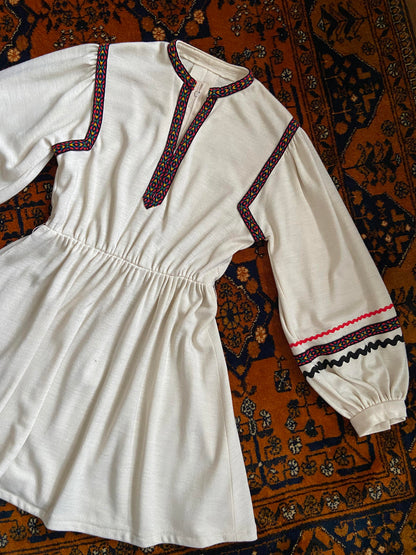 Vintage 1970s Cream Folk Mini Dress