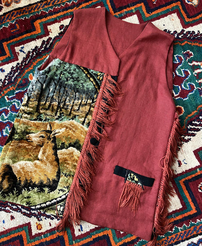 Vintage Deer Tapestry Fringed Waistcoat