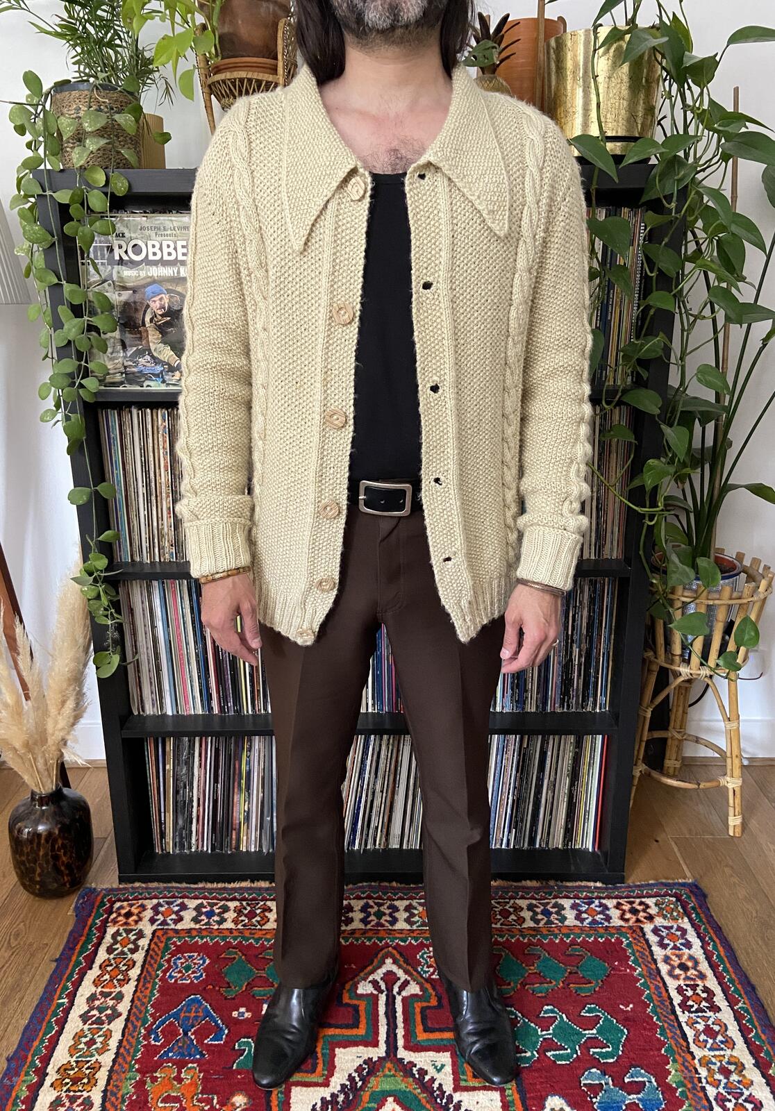 Vintage 1970s Dagger Collar Cable Knit Cardigan