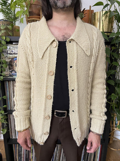 Vintage 1970s Dagger Collar Cable Knit Cardigan