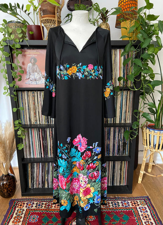 Vintage 1970s Black Floral Kaftan Dress