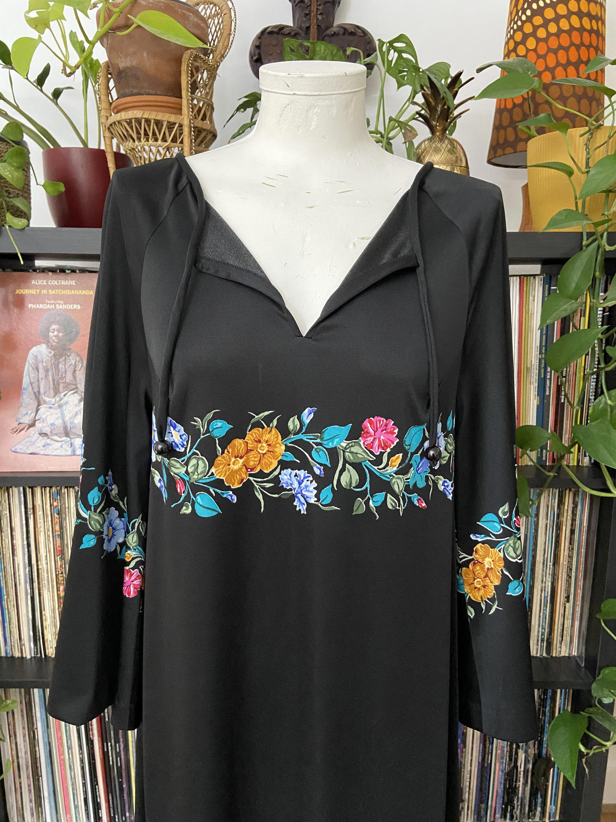 Vintage 1970s Black Floral Kaftan Dress