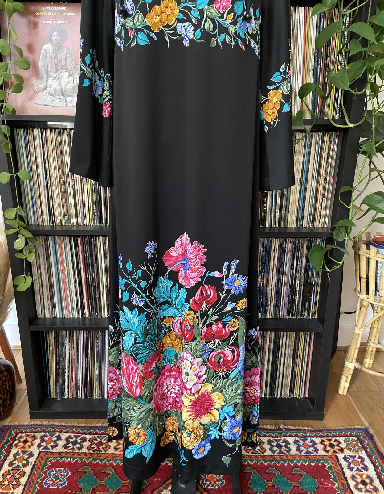 Vintage 1970s Black Floral Kaftan Dress