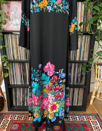 Vintage 1970s Black Floral Kaftan Dress