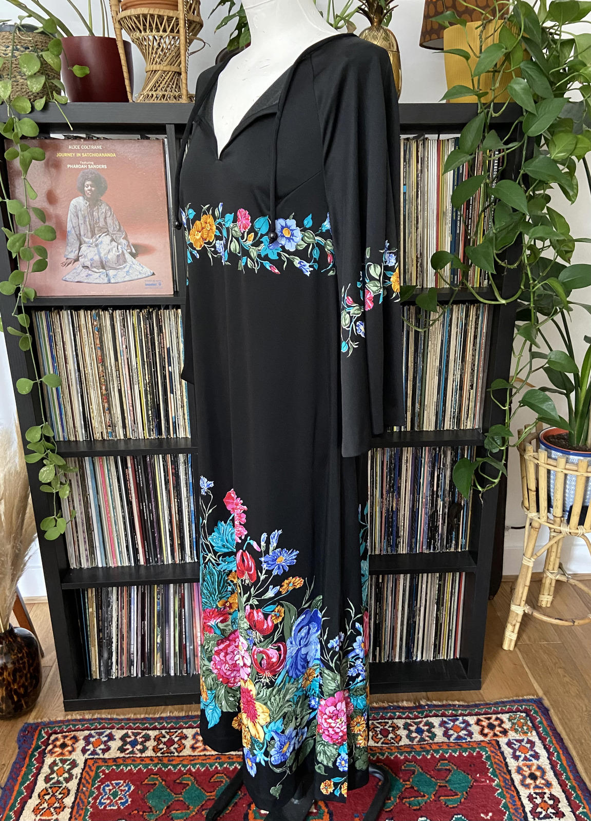 Vintage 1970s Black Floral Kaftan Dress
