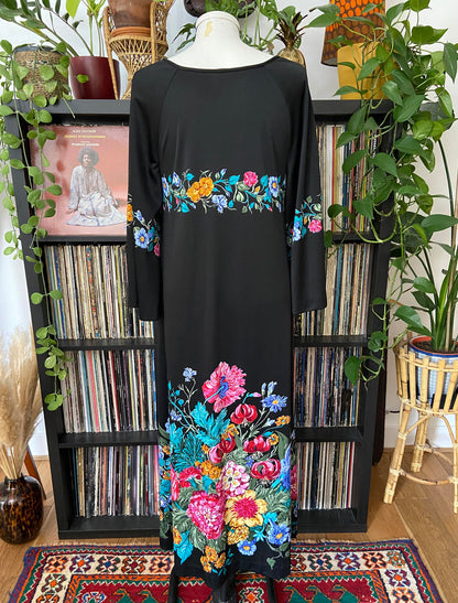 Vintage 1970s Black Floral Kaftan Dress
