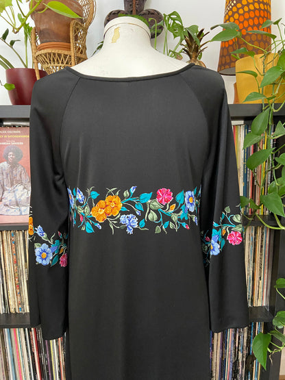 Vintage 1970s Black Floral Kaftan Dress
