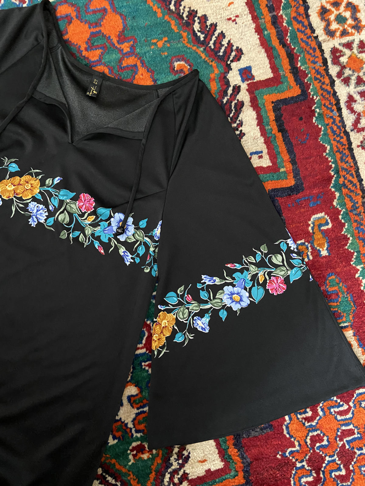 Vintage 1970s Black Floral Kaftan Dress