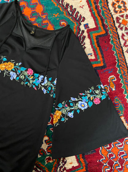 Vintage 1970s Black Floral Kaftan Dress