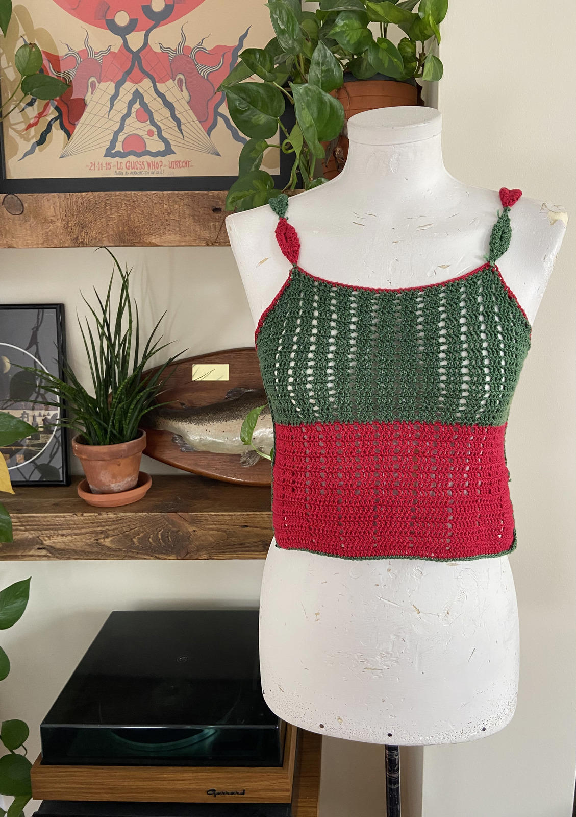 Vintage Green Red Crochet Crop Top