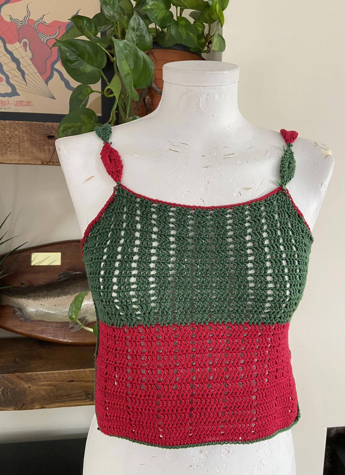 Vintage Green Red Crochet Crop Top