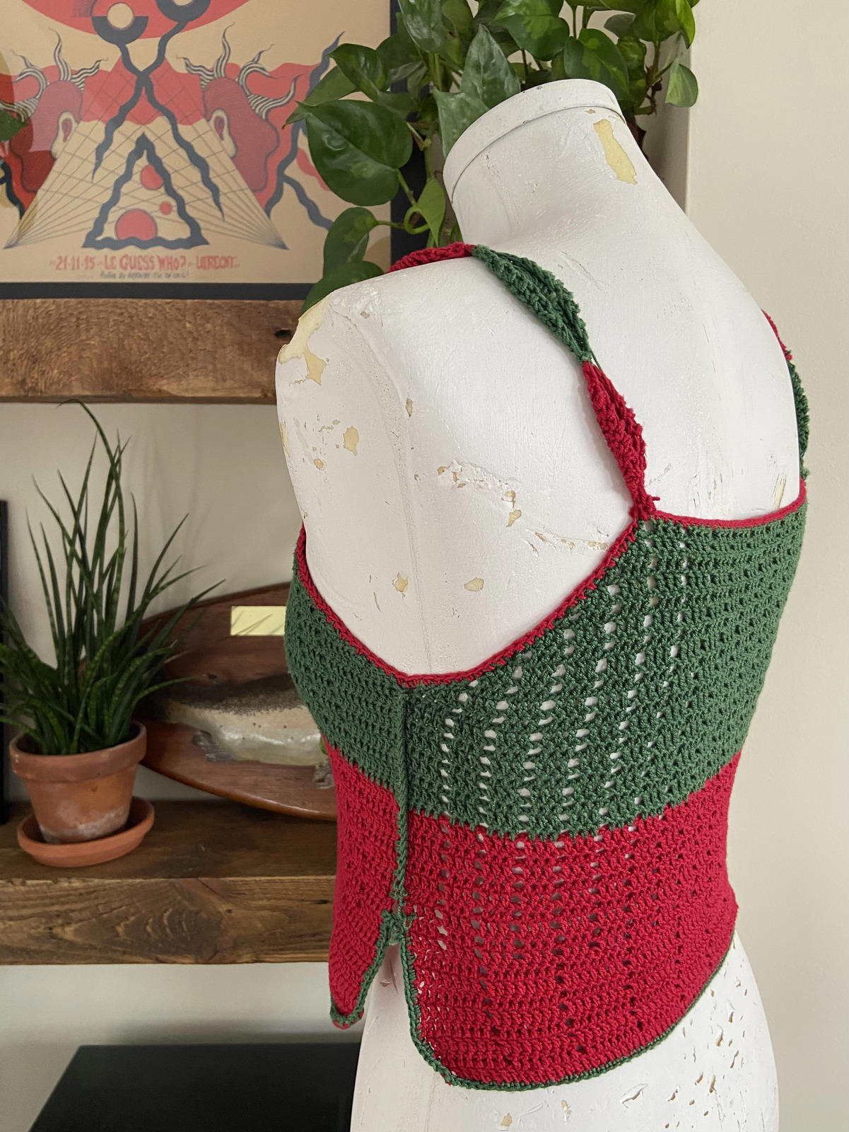 Vintage Green Red Crochet Crop Top