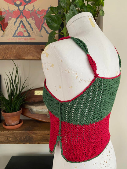 Vintage Green Red Crochet Crop Top