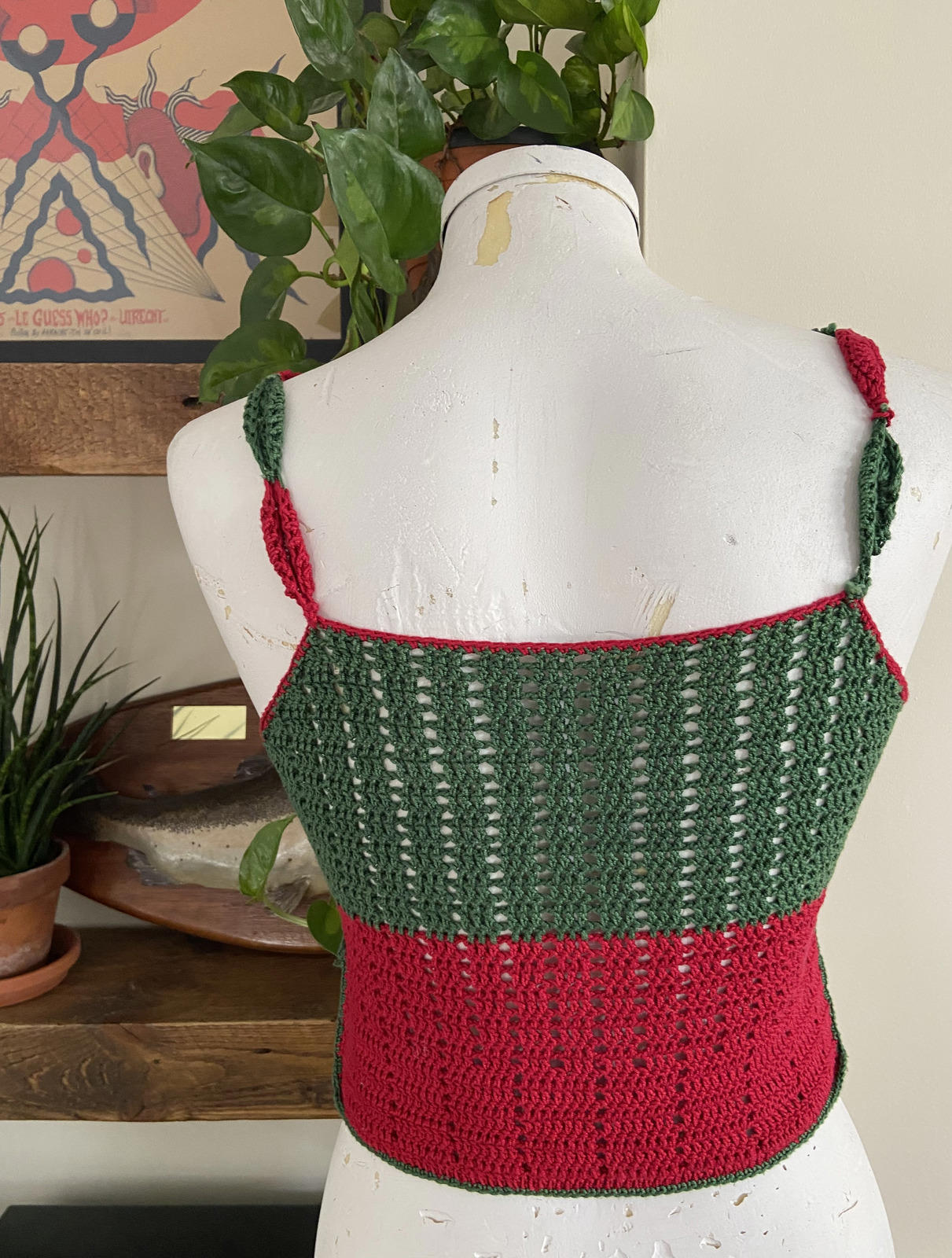 Vintage Green Red Crochet Crop Top