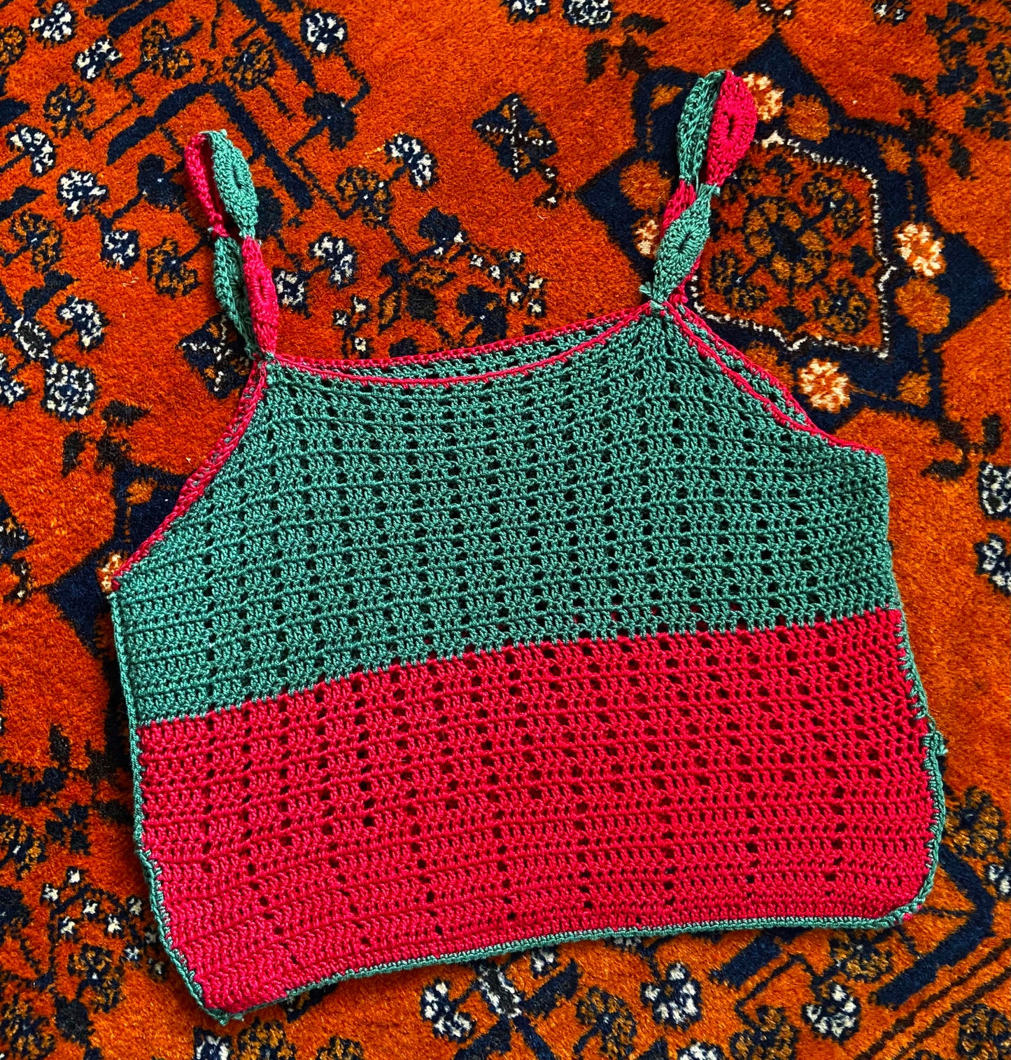Vintage Green Red Crochet Crop Top