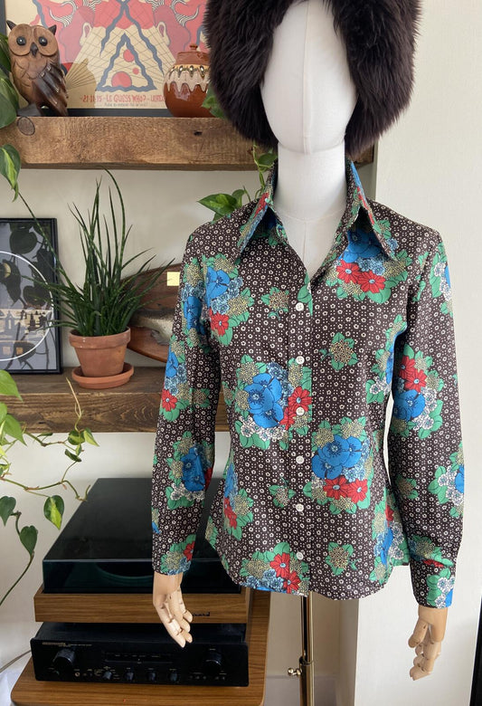 Vintage 1970s Brown Silk Franck Olivier Patterned Shirt