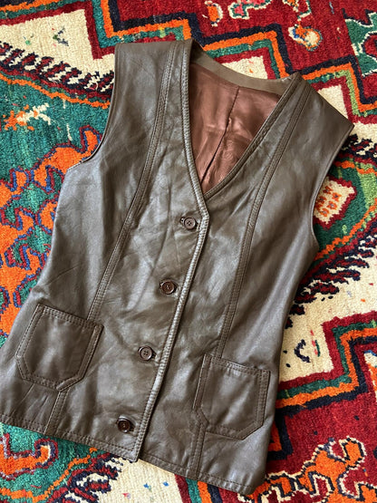 Vintage 1980s Brown Leather Waistcoat