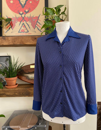 Vintage 1970s Navy Polka Dot Jersey Shirt
