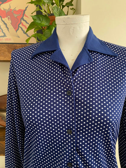 Vintage 1970s Navy Polka Dot Jersey Shirt