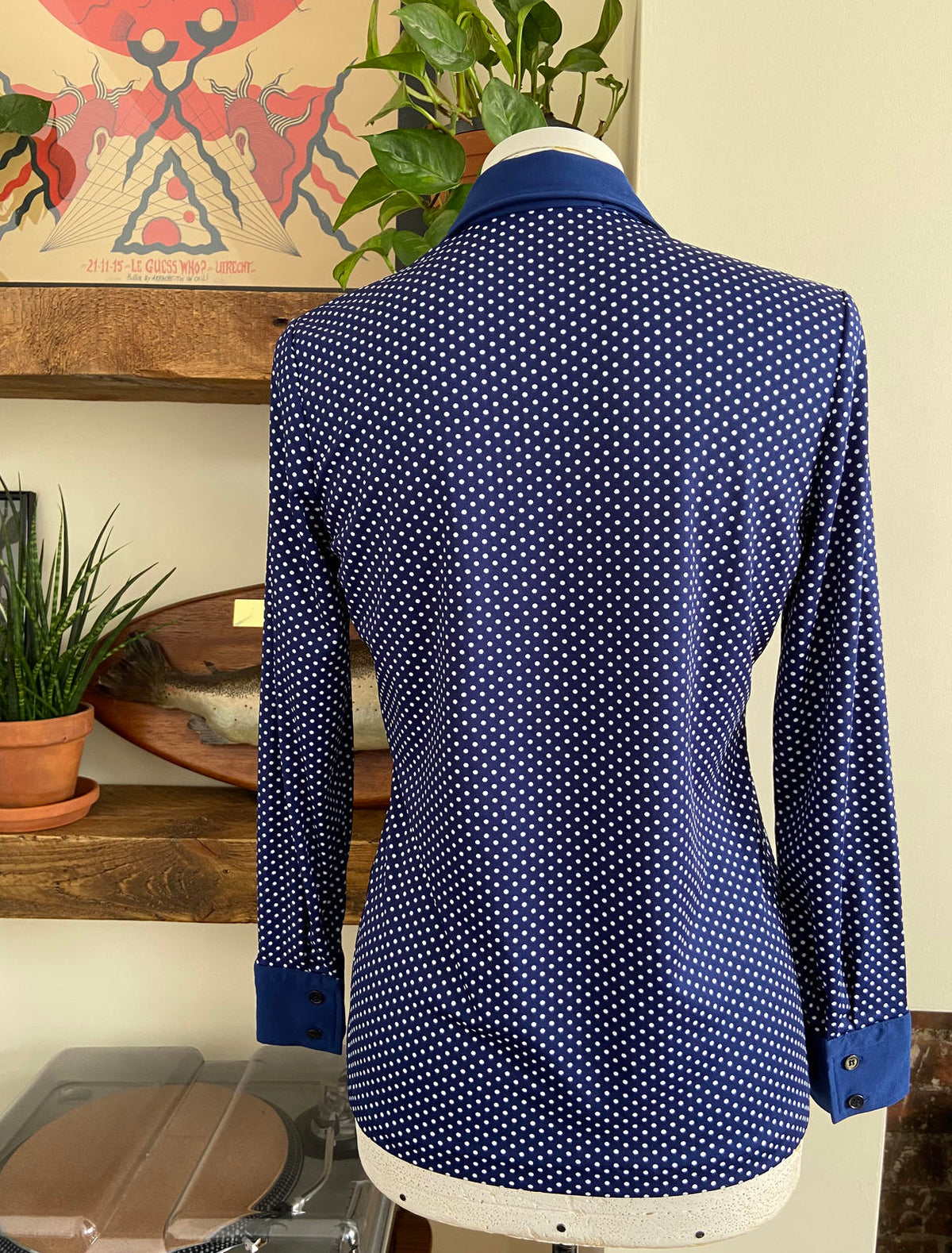 Vintage 1970s Navy Polka Dot Jersey Shirt