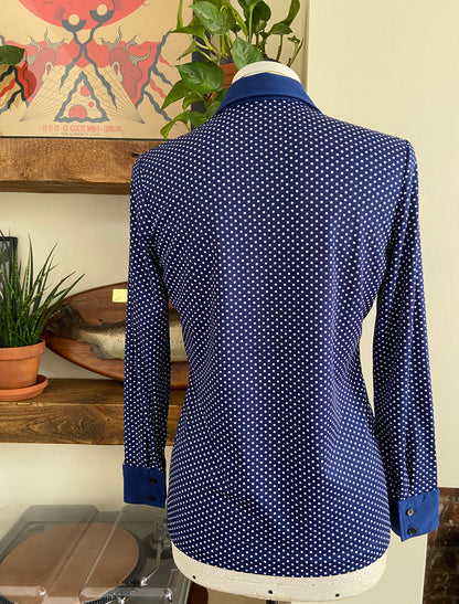 Vintage 1970s Navy Polka Dot Jersey Shirt