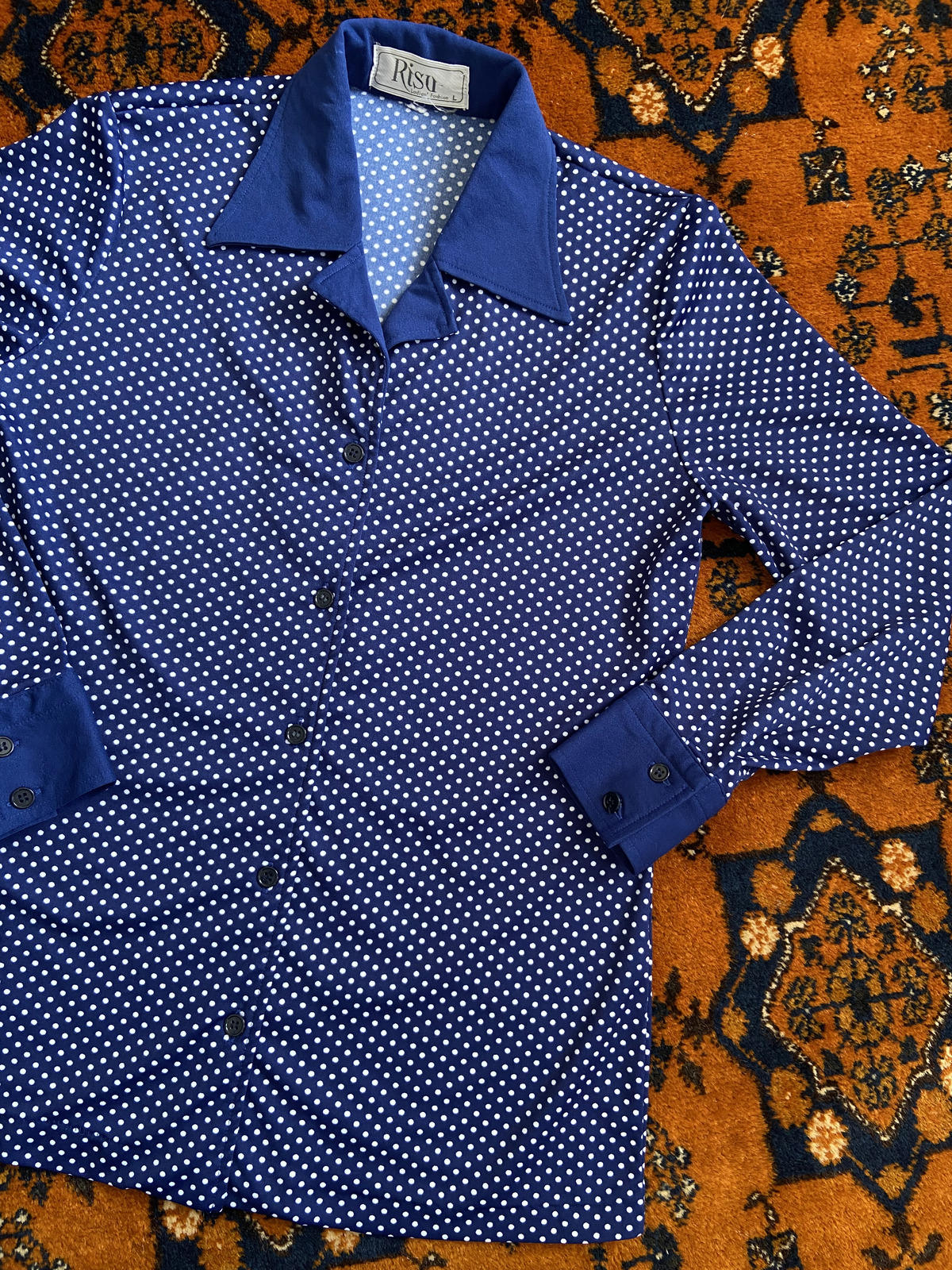 Vintage 1970s Navy Polka Dot Jersey Shirt